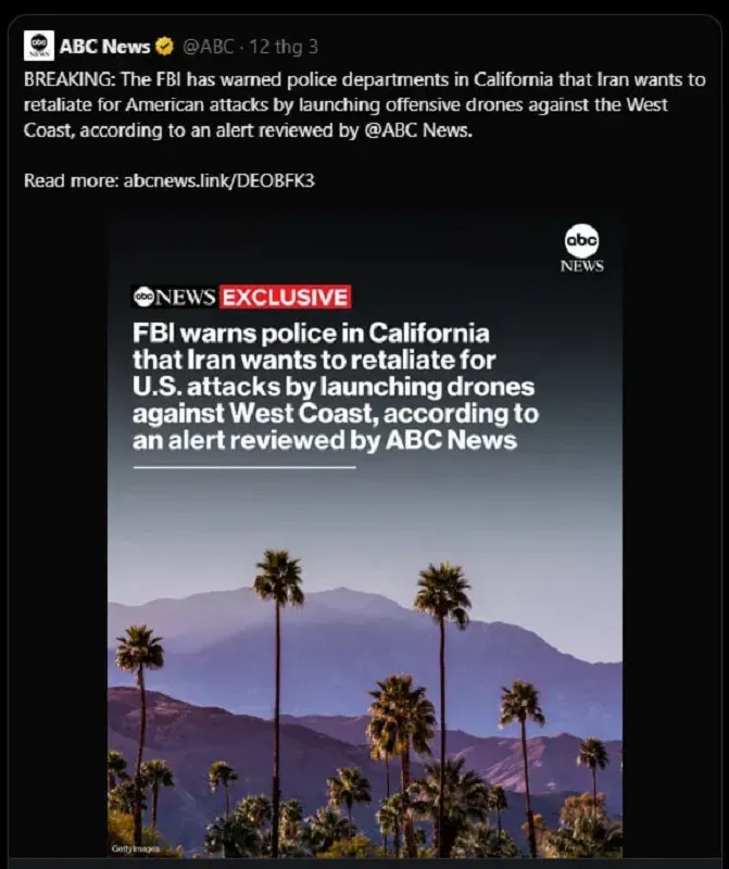 Thực hư th&ocirc;ng tin Iran sẽ tấn c&ocirc;ng California bằng m&aacute;y bay kh&ocirc;ng người l&aacute;i?