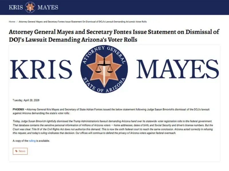 T&ograve;a &aacute;n b&aacute;c đơn kiện của ch&iacute;nh quyền Trump về dữ liệu cử tri Arizona