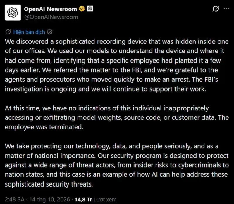 Nh&acirc;n vi&ecirc;n OpenAI bị FBI bắt giữ với c&aacute;o buộc đặt m&aacute;y ghi &acirc;m b&iacute; mật