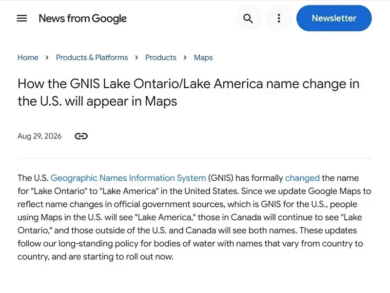 Google cập nhật bản đồ, hiển thị &ldquo;Lake America&rdquo; tại Hoa Kỳ