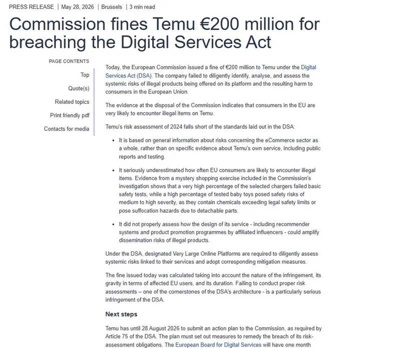 EU xử phạt s&agrave;n thương mại điện tử Temu của Trung Quốc 200 triệu euro 