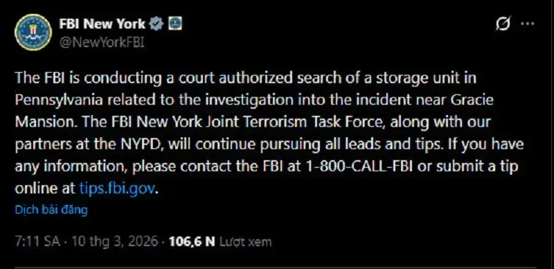 Vụ nổ b&ecirc;n ngo&agrave;i nh&agrave; Thị trưởng New York, FBI nghi ngờ khủng bố