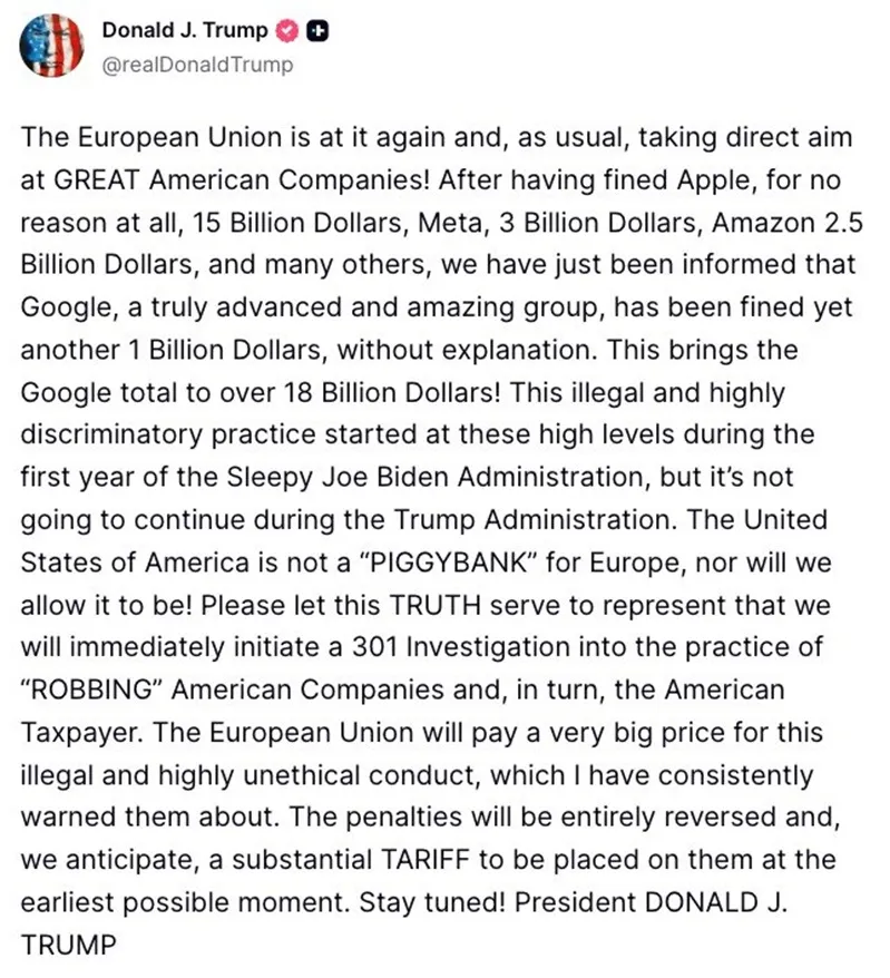 EU phạt Google 1 tỷ USD, &ocirc;ng Trump dọa đ&aacute;p trả bằng thuế quan
