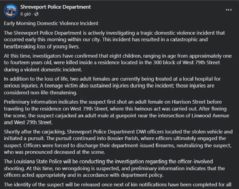 Hoa Kỳ: Bạo lực gia đ&igrave;nh dẫn đến xả s&uacute;ng ở Louisiana, 8 trẻ thiệt mạng