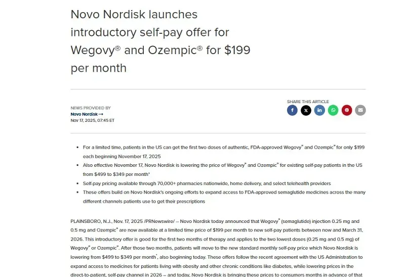 Novo Nordisk giảm giá thuốc trực tiếp cho người tiêu dùng Hoa Kỳ