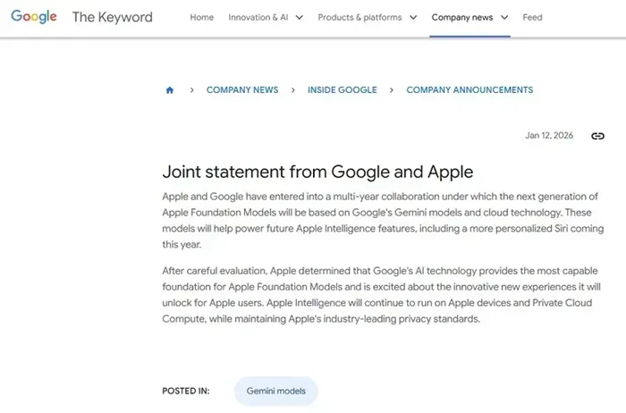 Apple chọn Gemini để n&acirc;ng cấp Siri, dự kiến ho&agrave;n thiện cuối năm nay