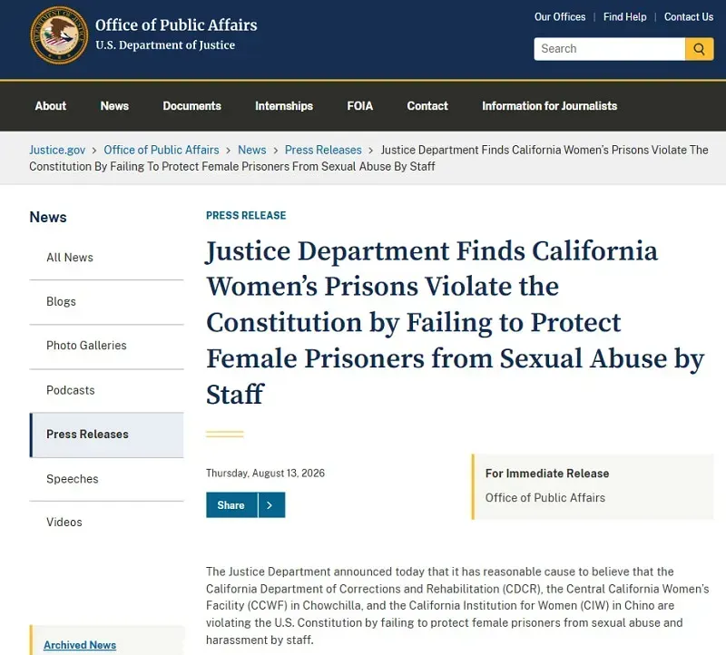 doj-nha-tu-california-khong-bao-ve-nu-pham-nhan-khoi-lam-dung-tinh-duc-1.webp DOJ: Nhà tù California không bảo vệ nữ phạm nhân khỏi lạm dụng tình dục