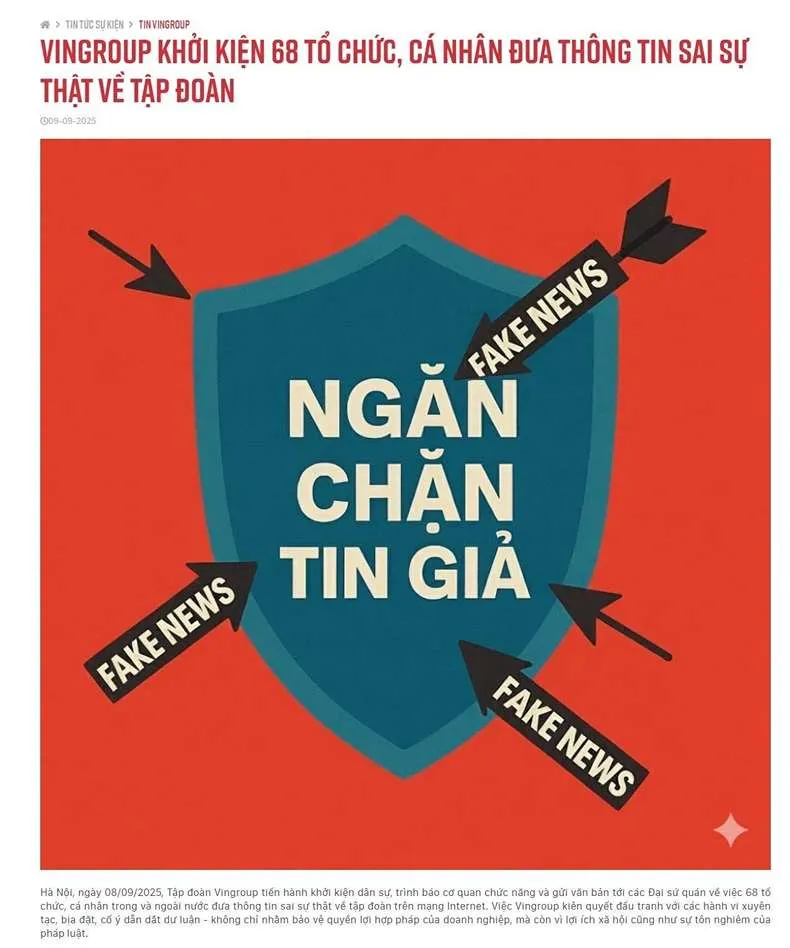 Vingroup kiện 68 tài khoản mạng xã hội vì lan truyền thông tin sai lệch Vingroup kiện 68 tài khoản mạng xã hội vì lan truyền thông tin sai lệch