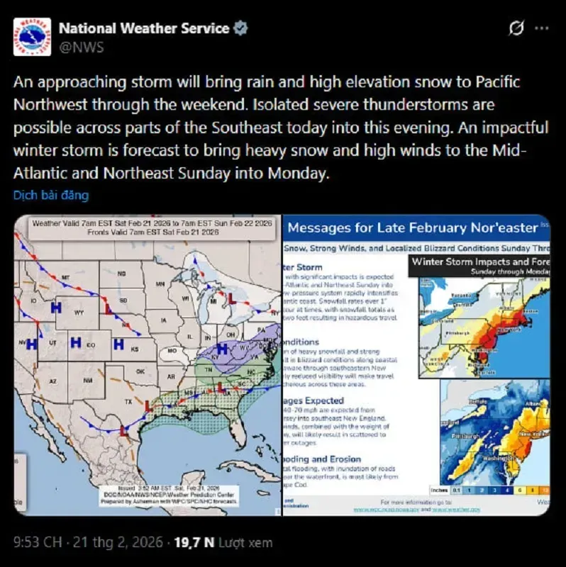 Hoa Kỳ: Hơn 50 triệu người nguy cơ đối mặt si&ecirc;u b&atilde;o tuyết