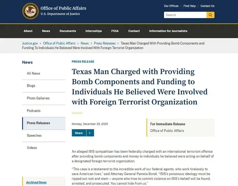 Hoa Kỳ: Truy tố một thanh ni&ecirc;n cung cấp vật liệu chế bom cho IS