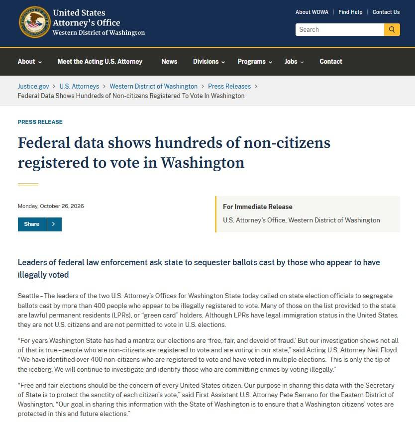 DOJ y&ecirc;u cầu Washington tạm giữ phiếu bầu hơn 400 người nghi kh&ocirc;ng phải c&ocirc;ng d&acirc;n Hoa Kỳ