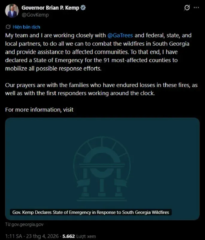 Hoa Kỳ: Ch&aacute;y rừng nghi&ecirc;m trọng tại Georgia, h&agrave;ng chục ng&ocirc;i nh&agrave; bị thi&ecirc;u rụi