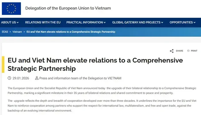 EU v&agrave; Việt Nam n&acirc;ng cấp quan hệ l&ecirc;n đối t&aacute;c chiến lược to&agrave;n diện