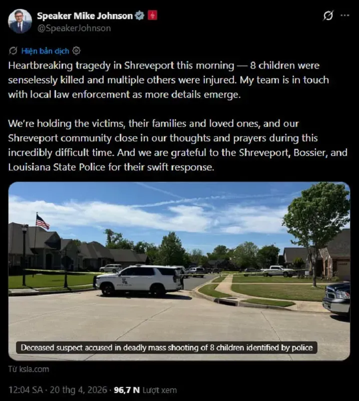 Hoa Kỳ: Bạo lực gia đ&igrave;nh dẫn đến xả s&uacute;ng ở Louisiana, 8 trẻ thiệt mạng