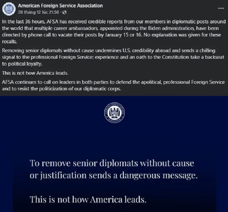 Ch&iacute;nh quyền Trump đột ngột c&aacute;ch chức h&agrave;ng chục nh&agrave; ngoại giao ở nước ngo&agrave;i?