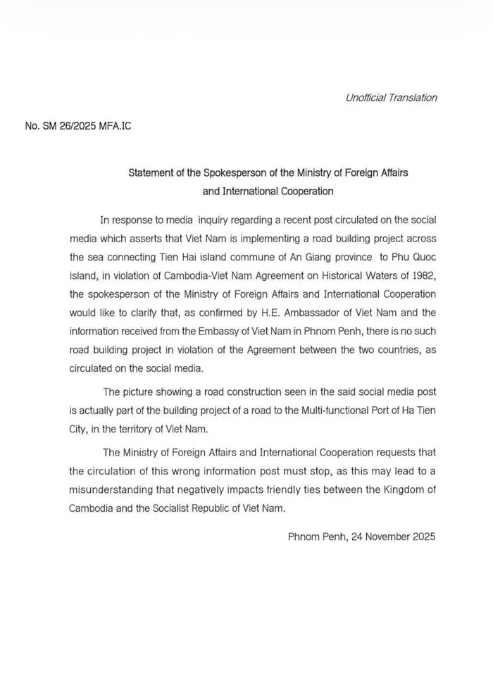 Campuchia bác tin xuyên tạc về dự án đường biển của Việt Nam