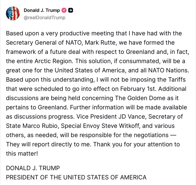 &Ocirc;ng Trump ngừng &aacute;p thuế ch&acirc;u &Acirc;u sau khi đạt khung thỏa thuận Greenland 