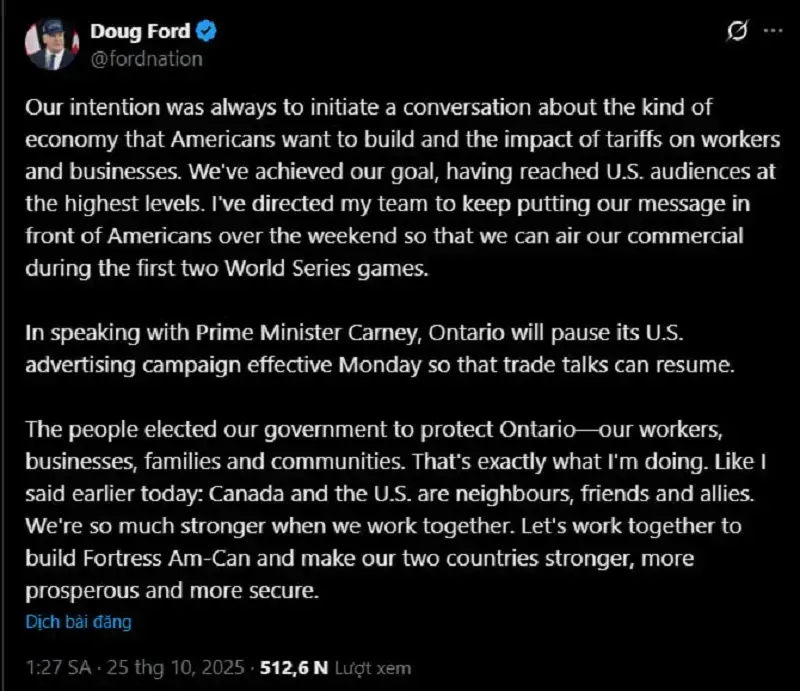 Hoa Kỳ ngừng đàm phán với Canada vì quảng cáo chống thuế quan