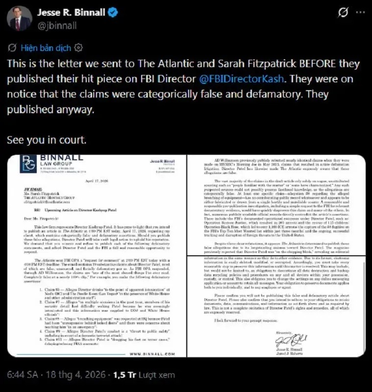 FBI dọa kiện The Atlantic sau b&agrave;i b&aacute;o g&acirc;y tranh c&atilde;i về Gi&aacute;m đốc cơ quan