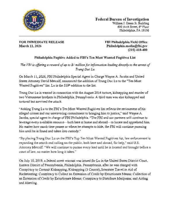 FBI Offers $1 Million Reward for Information Leading to Arrest of Murder Suspect Trung Duc Lu
