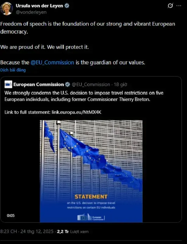 Vụ Hoa Kỳ cấm cấp thị thực cựu Ủy vi&ecirc;n EU, Li&ecirc;n minh phản ứng