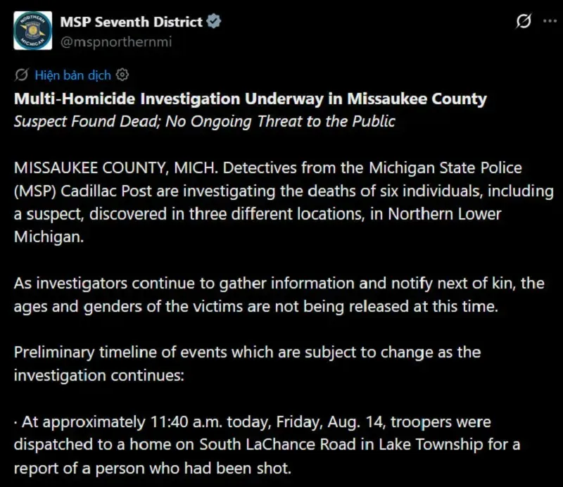 Michigan: Xả s&uacute;ng khiến 5 người thiệt mạng, nghi phạm cũng đ&atilde; tử vong