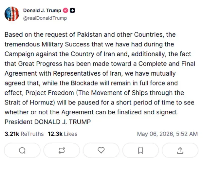 Trump tạm dừng chiến dịch hỗ trợ t&agrave;u qua eo biển Hormuz