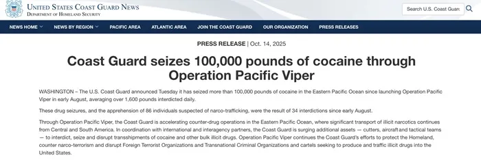 Hoa Kỳ tập kích xuồng chở ma tuý ở Thái Bình Dương