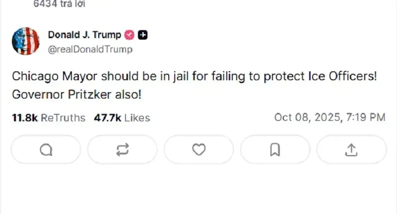 Ông Trump muốn bỏ tù Thống đốc Illinois và Thị trưởng Chicago