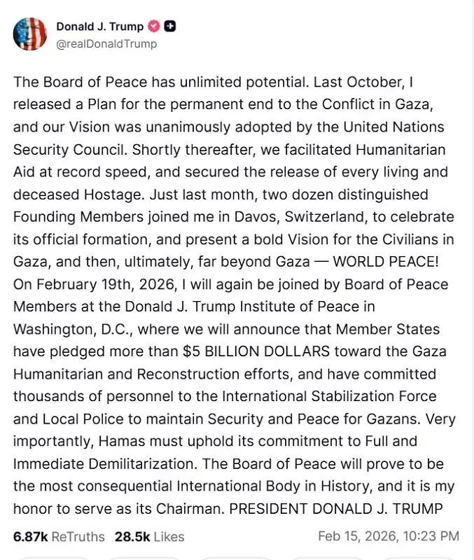 Trump: Hội đồng H&ograve;a b&igrave;nh sắp c&ocirc;ng bố g&oacute;i 5 tỷ USD t&aacute;i thiết Gaza