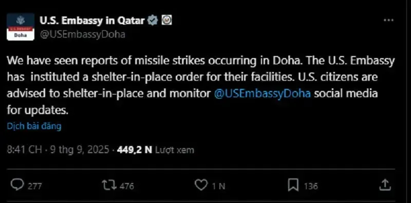 Israel tấn công Hamas ở Doha, Qatar phản ứng mạnh mẽ, Hoa Kỳ nói không liên quan