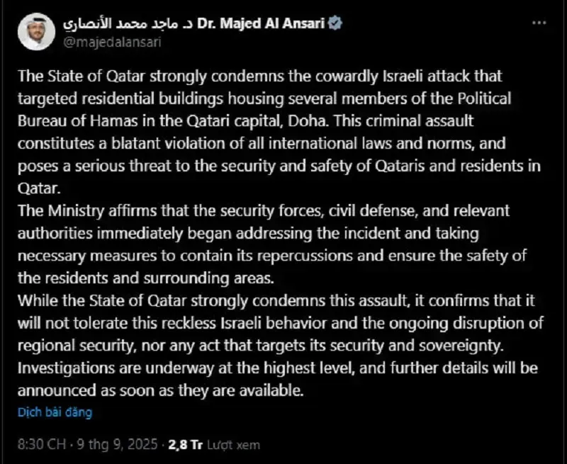 Israel tấn công Hamas ở Doha, Qatar phản ứng mạnh mẽ, Hoa Kỳ nói không liên quan