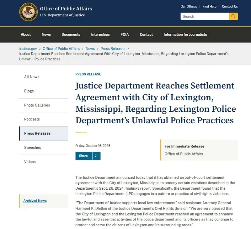 DOJ buộc Lexington (Mississippi) cải c&aacute;ch sau c&aacute;o buộc vi phạm quyền d&acirc;n sự