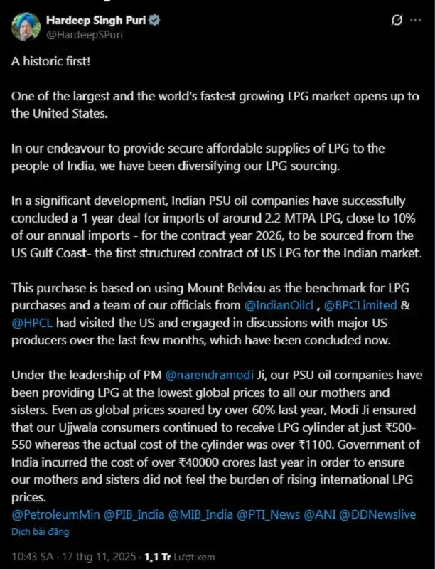 Ấn Độ tăng nhập khẩu năng lượng Hoa Kỳ giữa lúc căng thẳng thuế quan