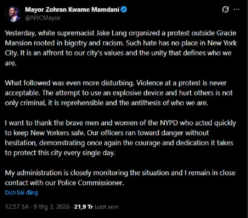 Vụ nổ b&ecirc;n ngo&agrave;i nh&agrave; Thị trưởng New York, FBI nghi ngờ khủng bố