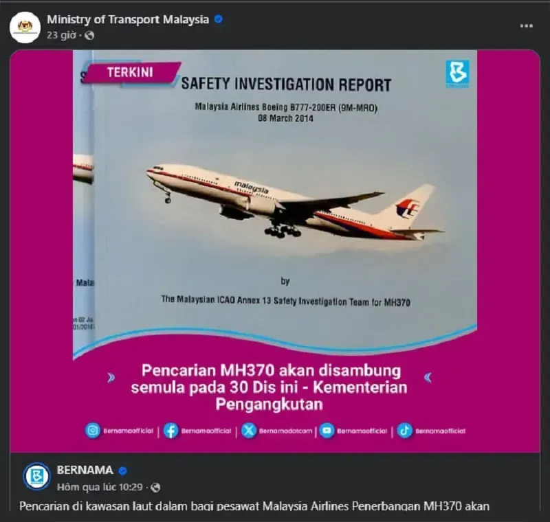 Malaysia nối lại cuộc tìm kiếm máy bay MH370 sau hơn 11 năm mất tích
