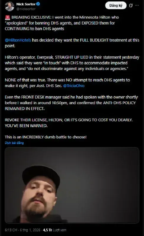 Hilton loại một kh&aacute;ch sạn ở Minnesota khỏi hệ thống do từ chối DHS
