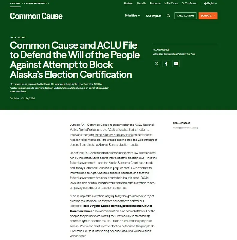 Hai tổ chức d&acirc;n chủ Hoa Kỳ can thiệp vụ kiện bầu cử Thượng viện Alaska