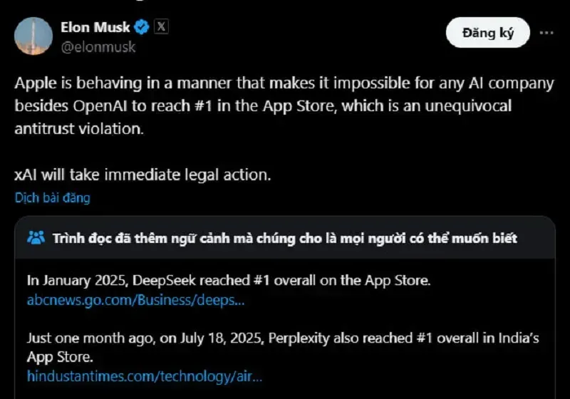 Musk cáo buộc Apple ưu ái chatbot ChatGPT của OpenAI, nói sẵn sàng kiện tụng