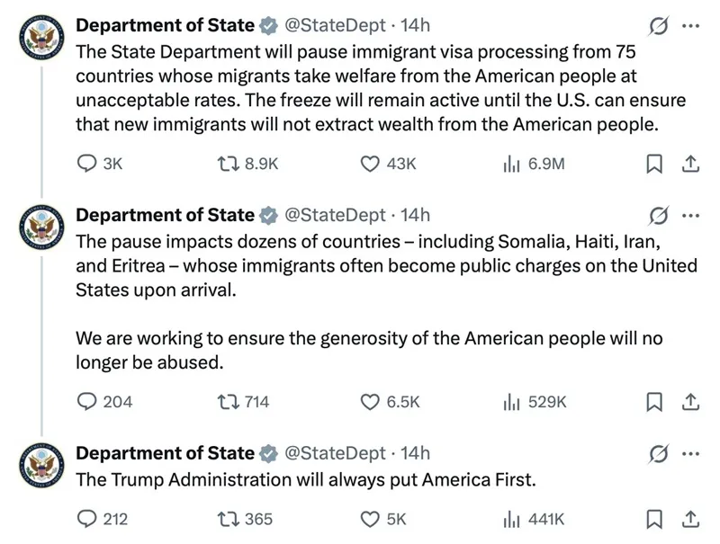 Hoa Kỳ tạm dừng xử l&yacute; visa nhập cư từ 75 quốc gia