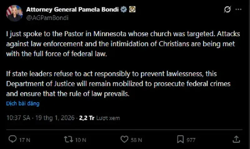 DOJ xem x&eacute;t truy tố vụ g&acirc;y rối tại địa điểm t&ocirc;n gi&aacute;o ở Minnesota