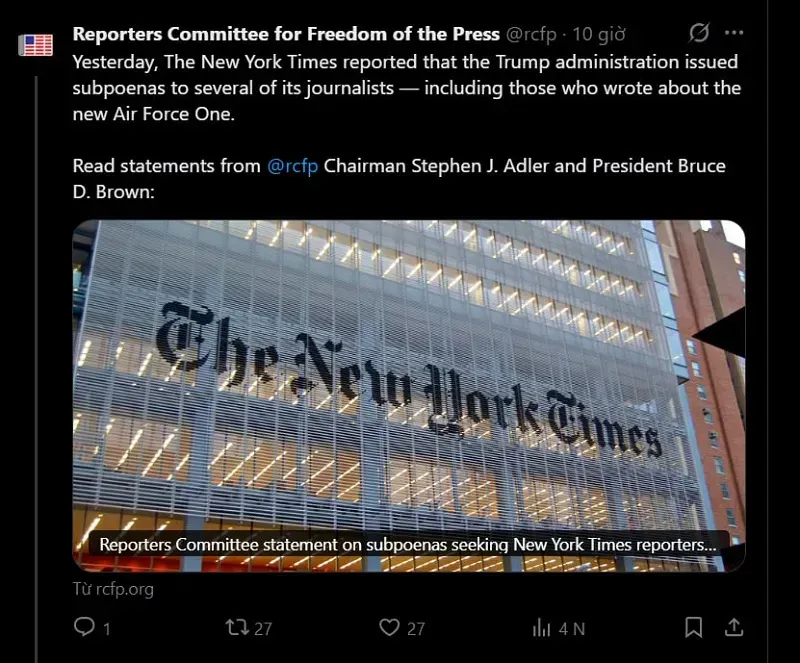 Ph&oacute;ng vi&ecirc;n NYT bị DOJ triệu tập sau b&agrave;i viết về chuy&ecirc;n cơ Air Force One