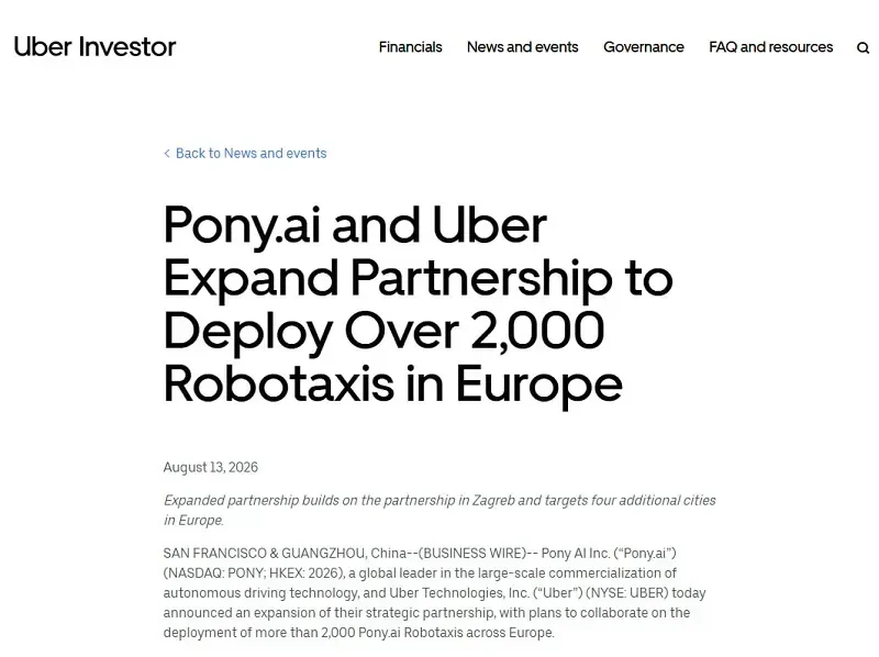 Uber hợp t&aacute;c c&ocirc;ng ty Trung Quốc triển khai 2.000 robotaxi tại ch&acirc;u &Acirc;u