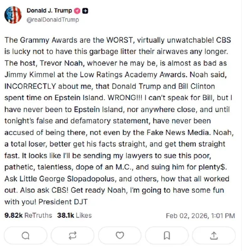 Trump chỉ tr&iacute;ch Grammy, dọa kiện MC v&igrave; tr&ograve; đ&ugrave;a về Epstein