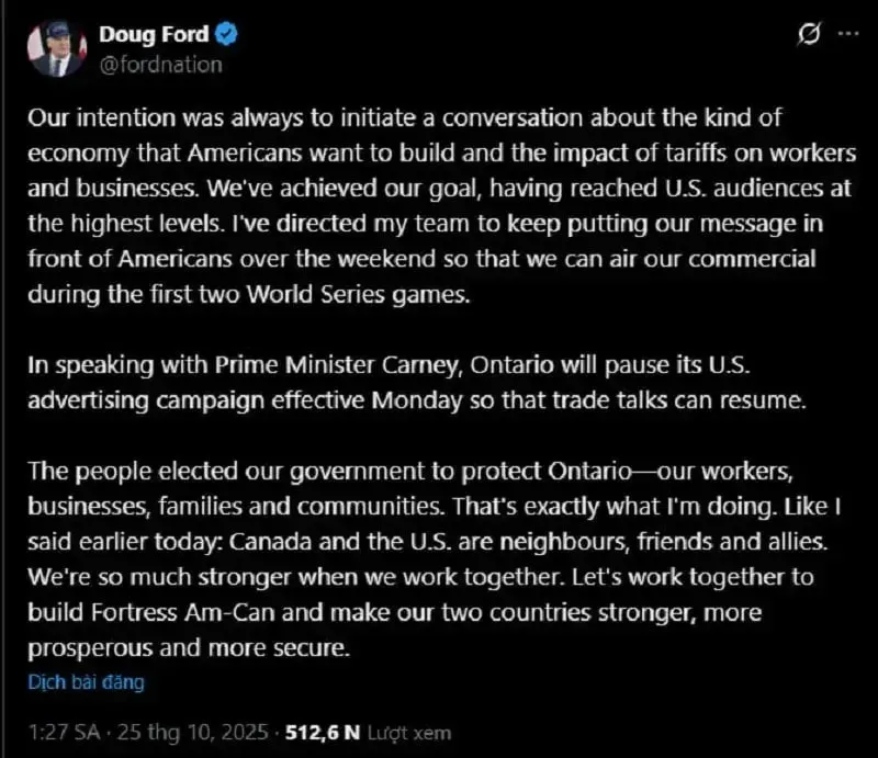 Trump áp thêm 10% thuế đáp trả vụ Canada phát quảng cáo