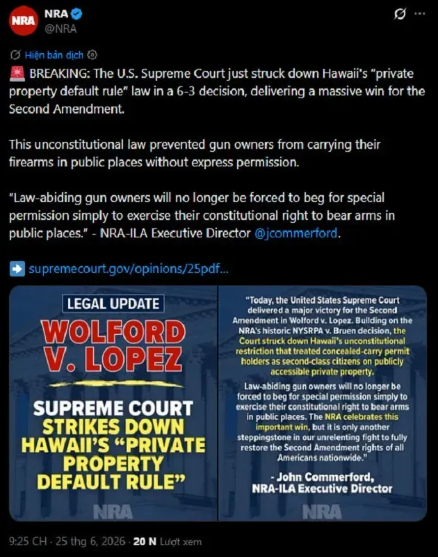 SCOTUS hủy quy định cấm mang s&uacute;ng v&agrave;o cơ sở kinh doanh c&ocirc;ng cộng