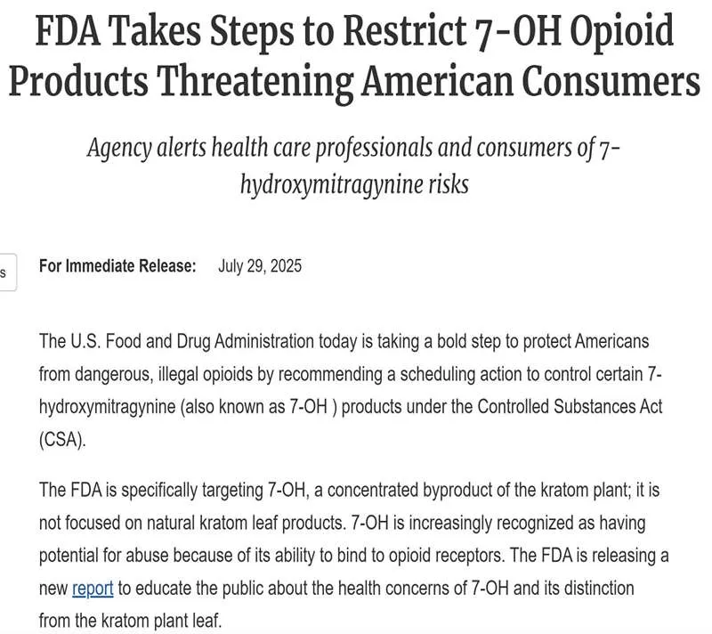 FDA siết chặt kiểm soát các sản phẩm chứa 7-OH vì lo ngại rủi ro sức khỏe