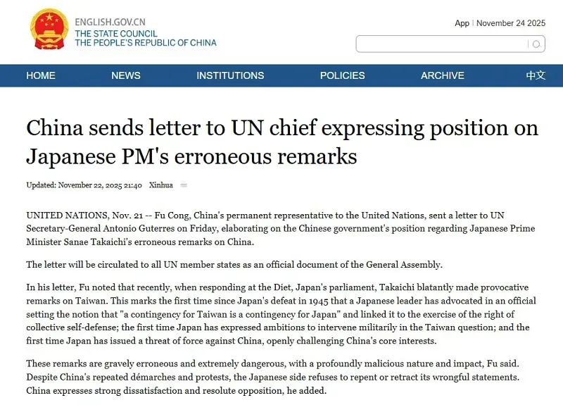 Trung Quốc cảnh báo Nhật Bản về việc can thiệp quân sự vào Đài Loan