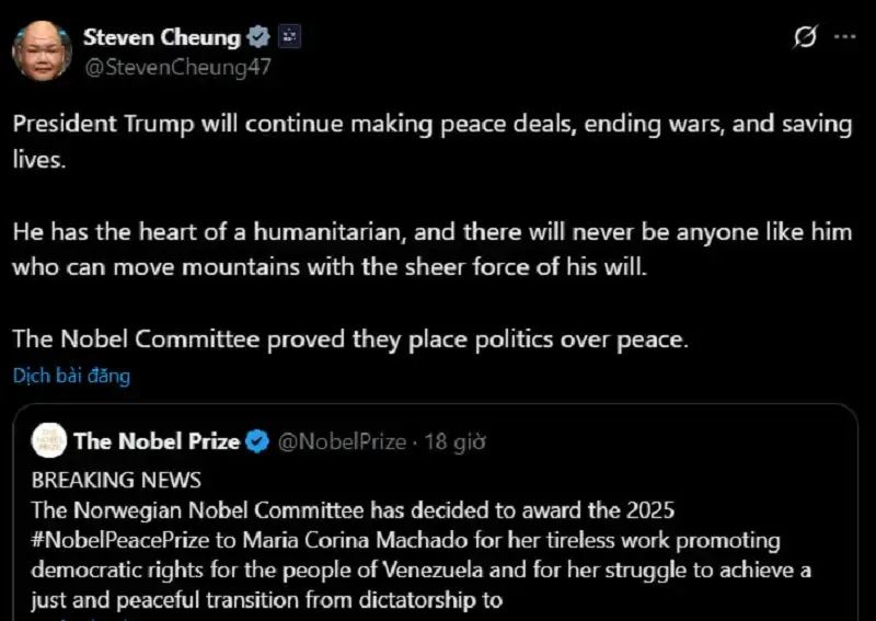 Nhiều ý kiến trái chiều về Ủy ban Nobel không chọn ông Donald Trump