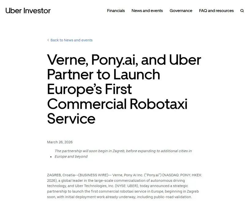 Uber hợp t&aacute;c c&ocirc;ng ty Trung Quốc triển khai 2.000 robotaxi tại ch&acirc;u &Acirc;u